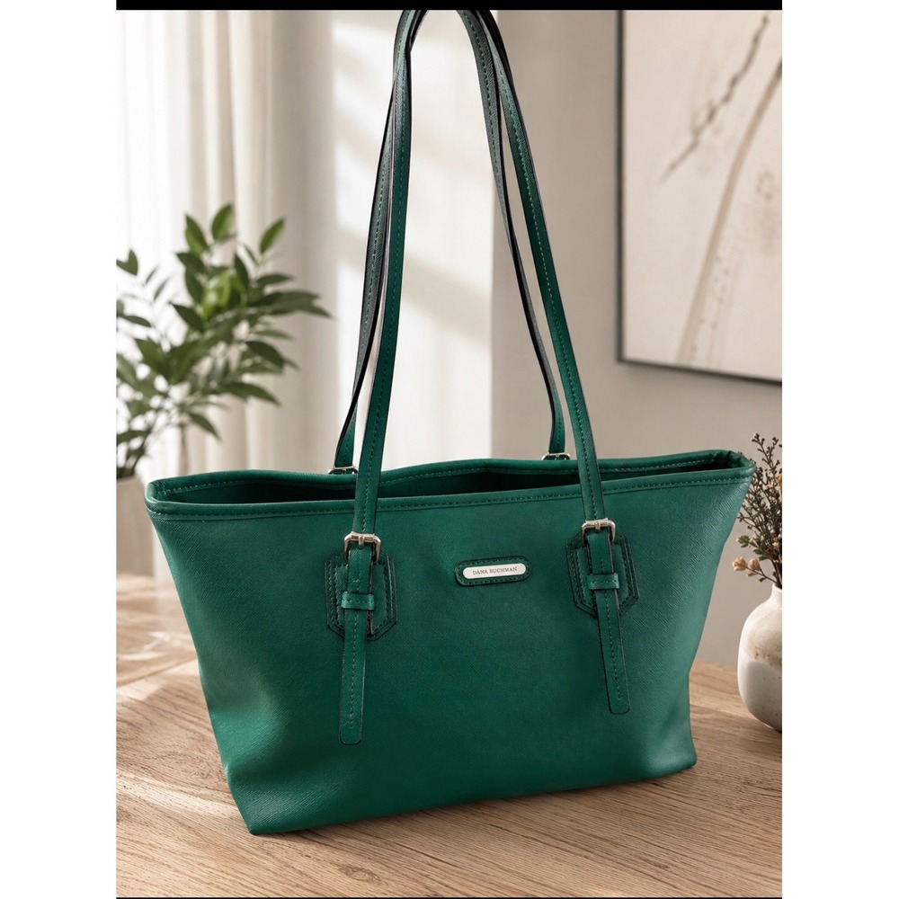 Dana Buchman Green Saffiano Faux Leather Tote Shoulder Bag Silver Hardware
